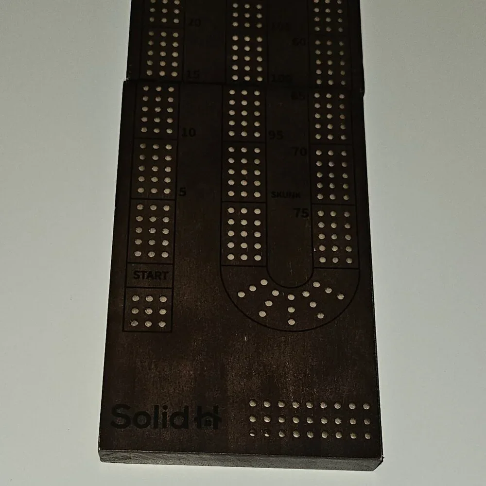 Solid H Wooden Cribbage Board Dark Brown Metal Pegs Foldable Magnetic Closure